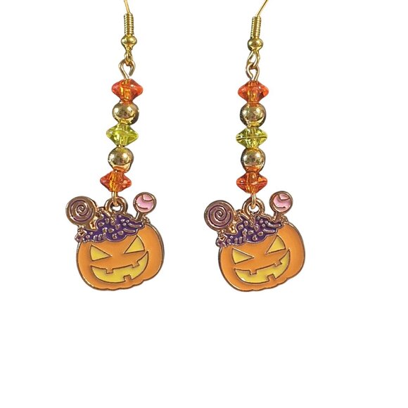 Jack O Lantern Halloween Drop Earrings Beaded Orange Purple Gold Accents Dangle - Picture 3 of 4